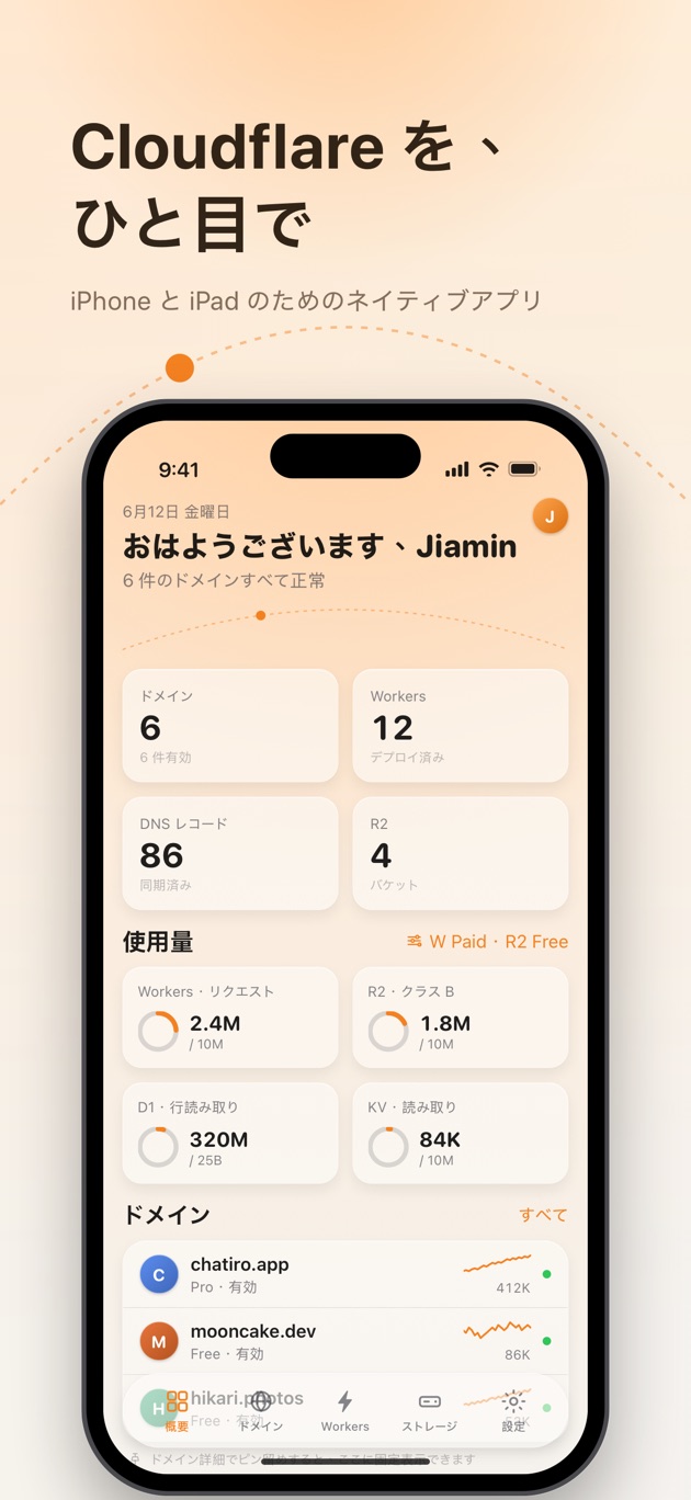 概要:ドメイン、Workers、DNS、使用量をひと画面で